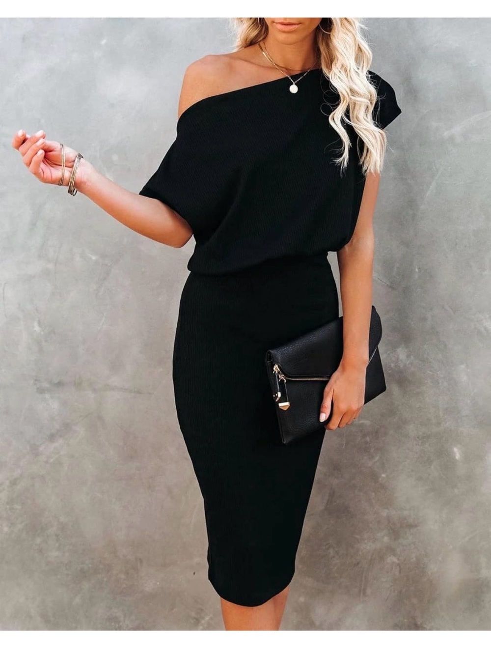 Off-Shoulder Black Midi Dress